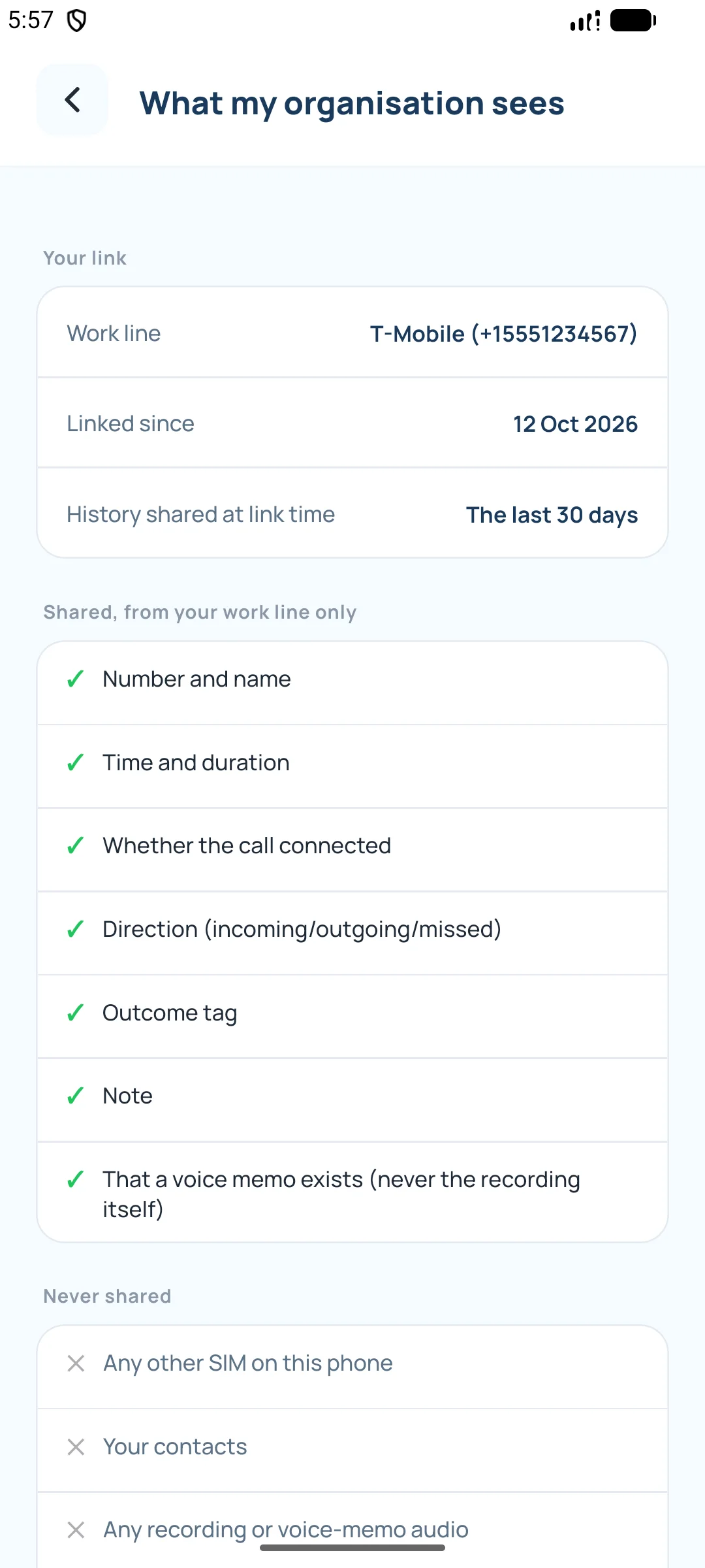What my organisation sees: the shared and never-shared lists in the app