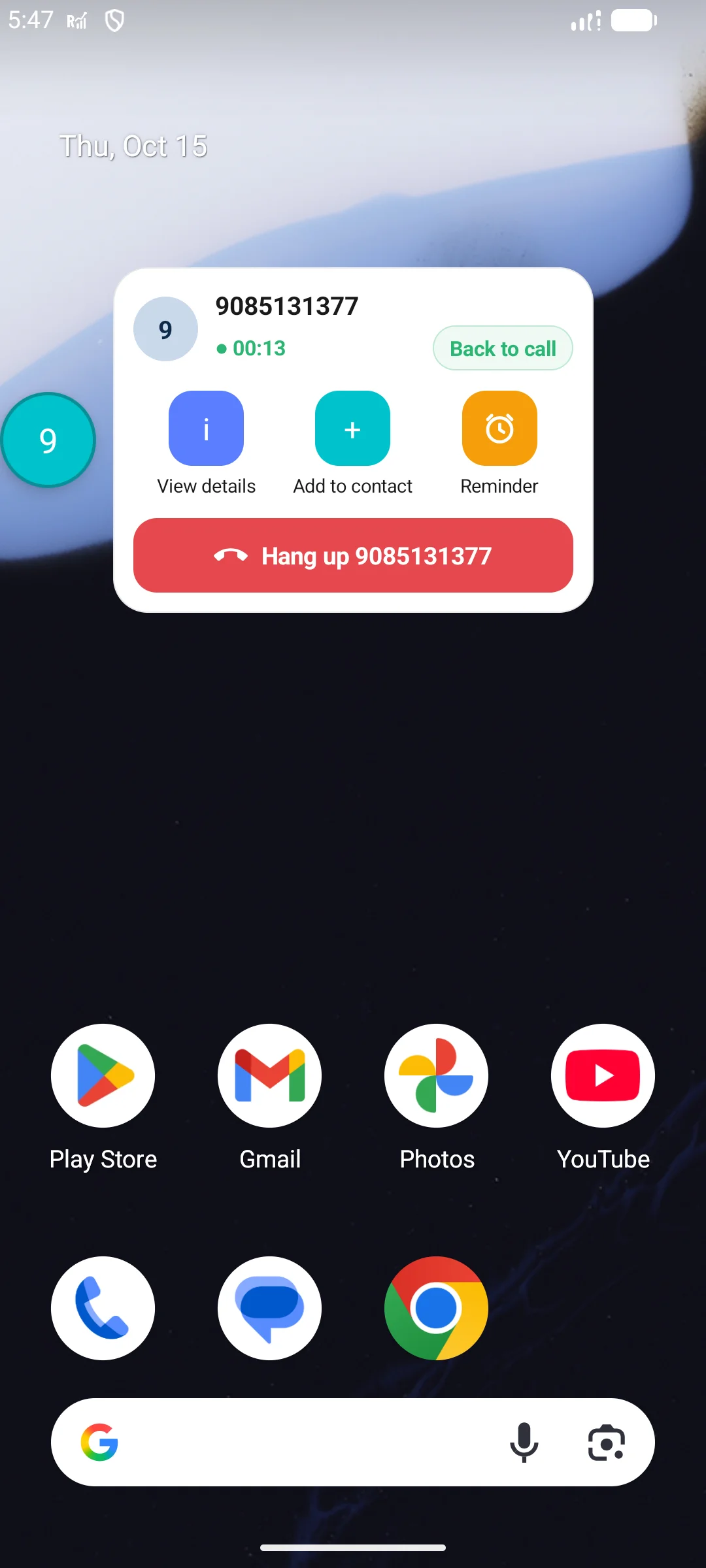 Call Assist bubble menu during a call: view details, add to contact, set a reminder or hang up