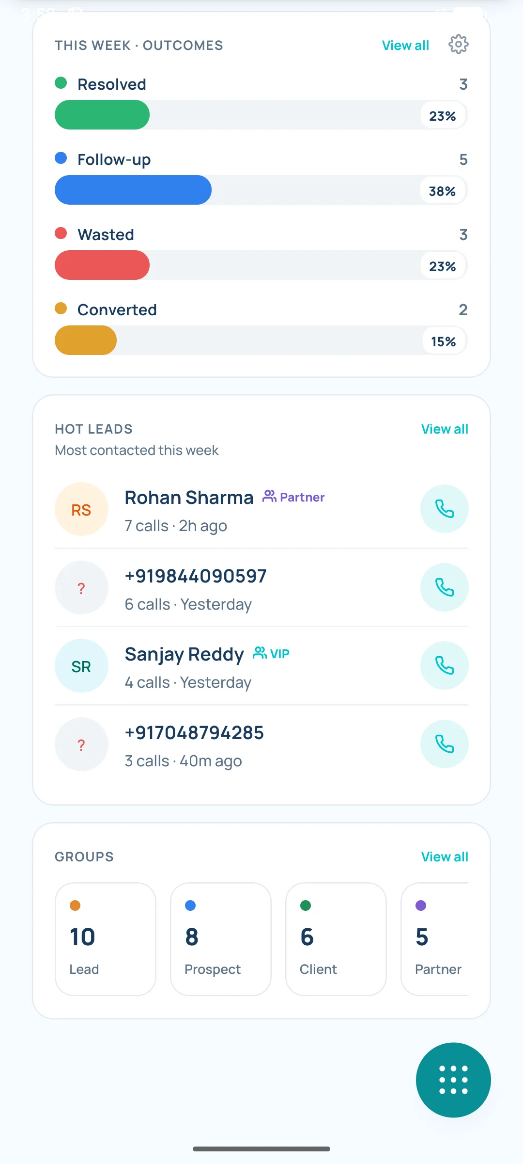 RecallPulse Home insights: this week's outcomes, hot leads and groups
