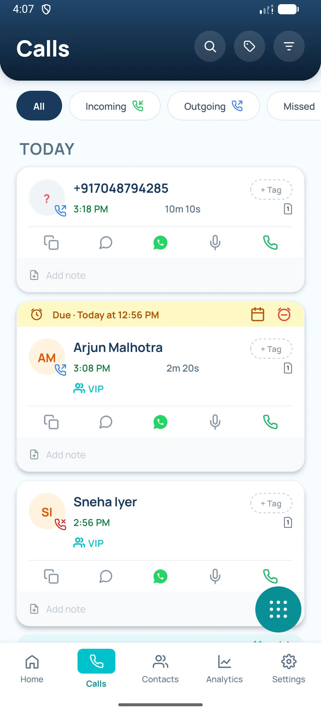 Calls list with incoming, outgoing and missed tabs, a due reminder, groups and quick actions on each call